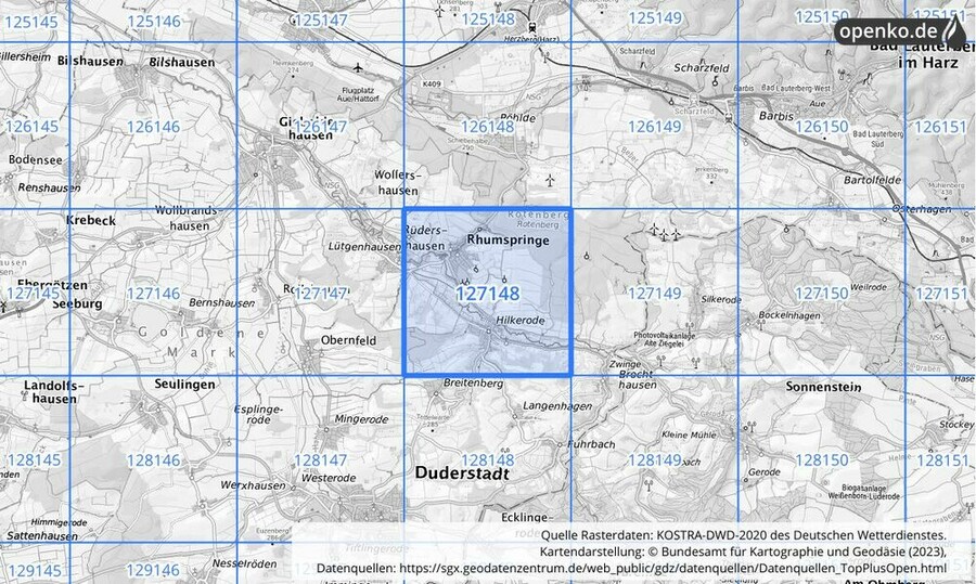 Übersichtskarte des KOSTRA-DWD-2020-Rasterfeldes Nr. 127148