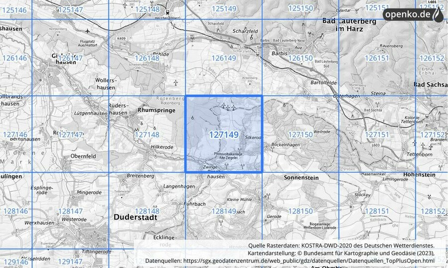 Übersichtskarte des KOSTRA-DWD-2020-Rasterfeldes Nr. 127149