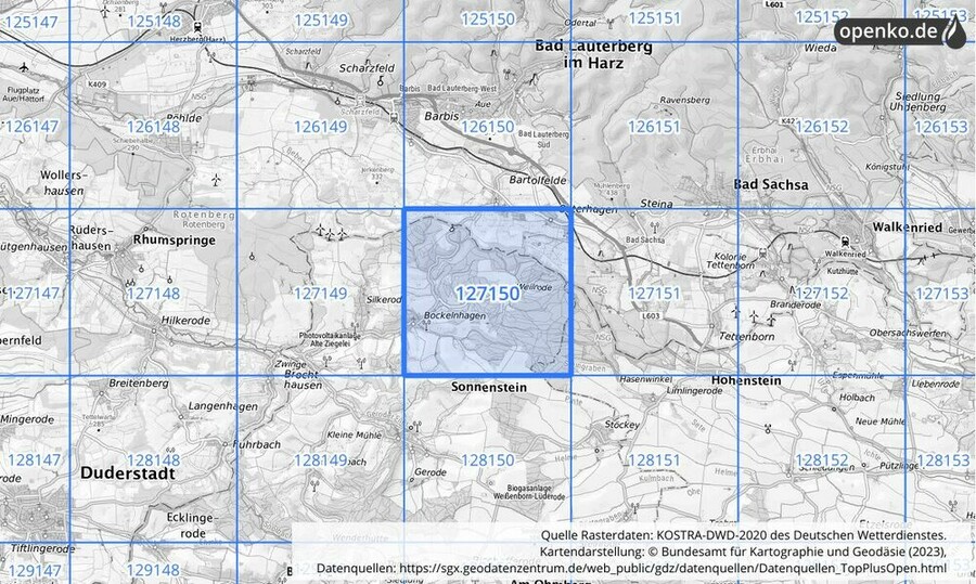 Übersichtskarte des KOSTRA-DWD-2020-Rasterfeldes Nr. 127150