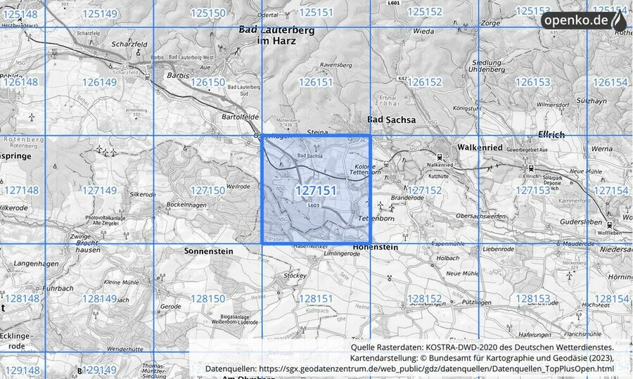 Übersichtskarte des KOSTRA-DWD-2020-Rasterfeldes Nr. 127151