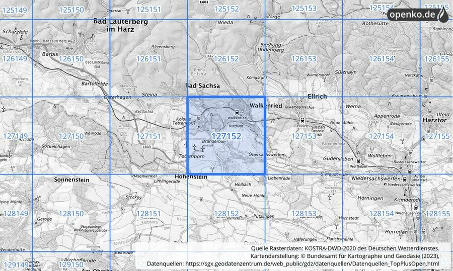 Übersichtskarte des KOSTRA-DWD-2020-Rasterfeldes Nr. 127152