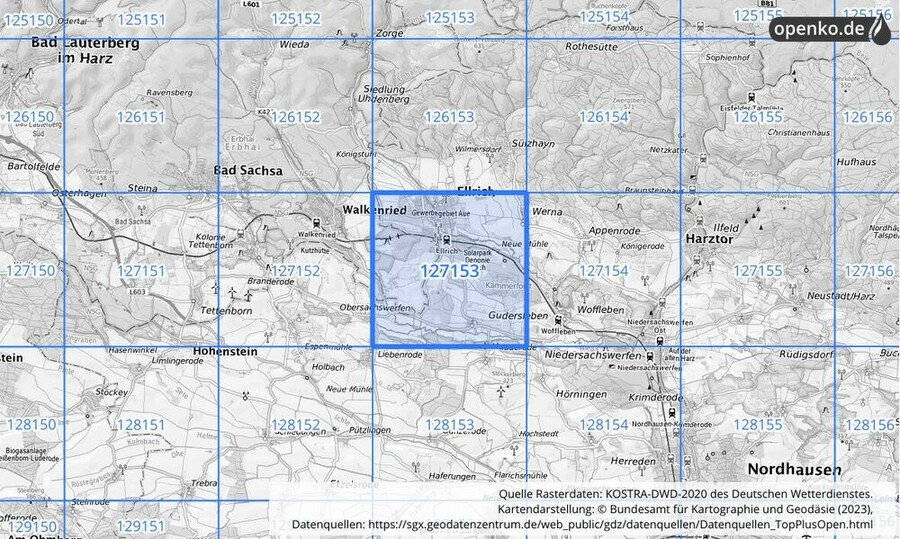 Übersichtskarte des KOSTRA-DWD-2020-Rasterfeldes Nr. 127153