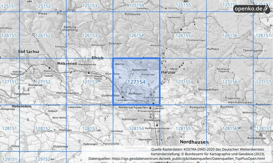 Übersichtskarte des KOSTRA-DWD-2020-Rasterfeldes Nr. 127154