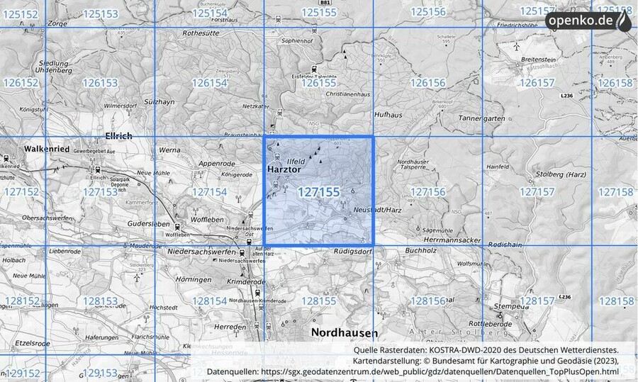 Übersichtskarte des KOSTRA-DWD-2020-Rasterfeldes Nr. 127155