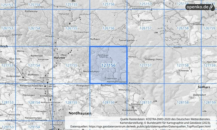 Übersichtskarte des KOSTRA-DWD-2020-Rasterfeldes Nr. 127156