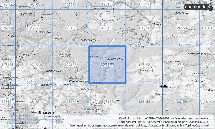 Übersichtskarte des KOSTRA-DWD-2020-Rasterfeldes Nr. 127157