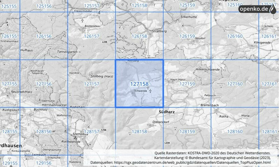 Übersichtskarte des KOSTRA-DWD-2020-Rasterfeldes Nr. 127158