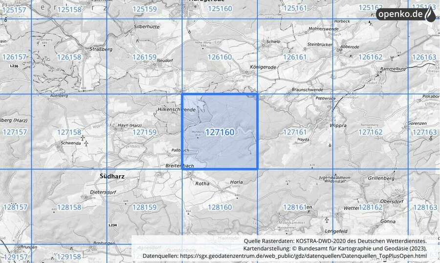 Übersichtskarte des KOSTRA-DWD-2020-Rasterfeldes Nr. 127160