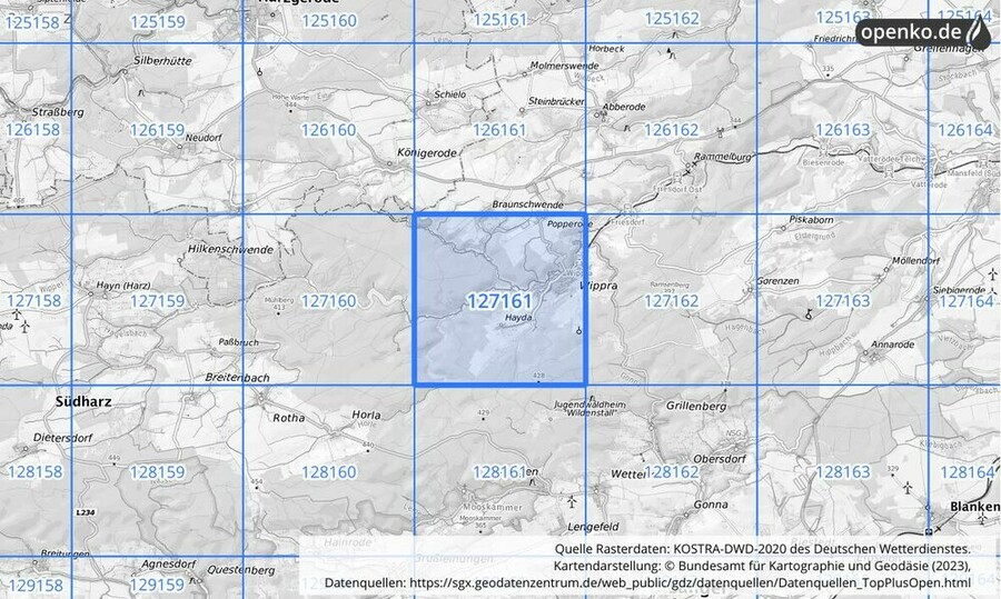 Übersichtskarte des KOSTRA-DWD-2020-Rasterfeldes Nr. 127161