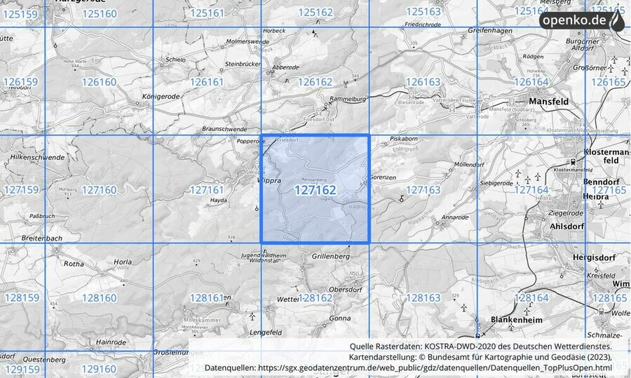 Übersichtskarte des KOSTRA-DWD-2020-Rasterfeldes Nr. 127162