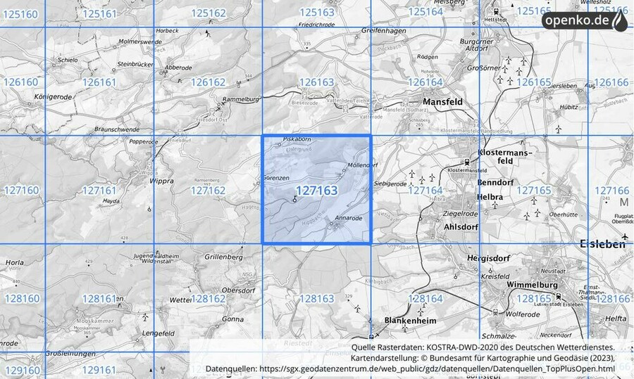 Übersichtskarte des KOSTRA-DWD-2020-Rasterfeldes Nr. 127163