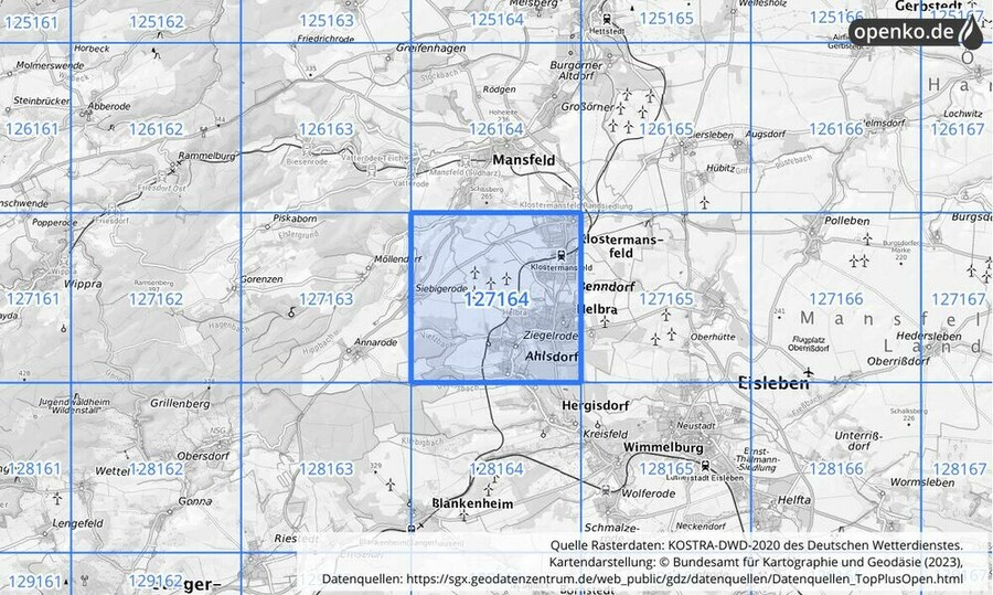 Übersichtskarte des KOSTRA-DWD-2020-Rasterfeldes Nr. 127164