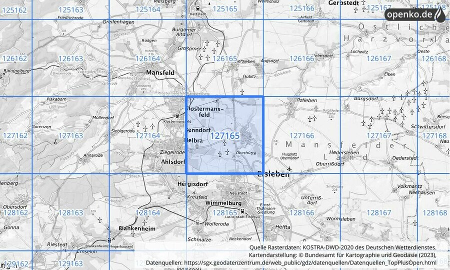 Übersichtskarte des KOSTRA-DWD-2020-Rasterfeldes Nr. 127165