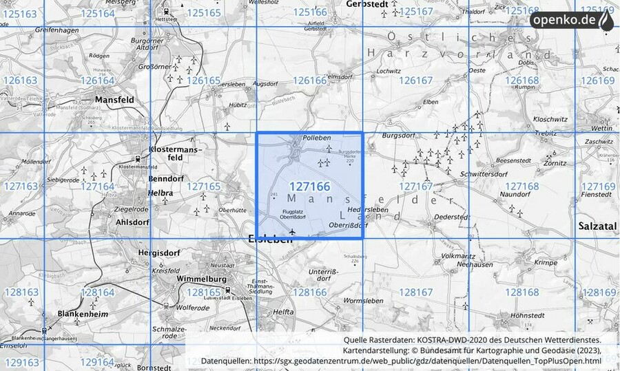 Übersichtskarte des KOSTRA-DWD-2020-Rasterfeldes Nr. 127166