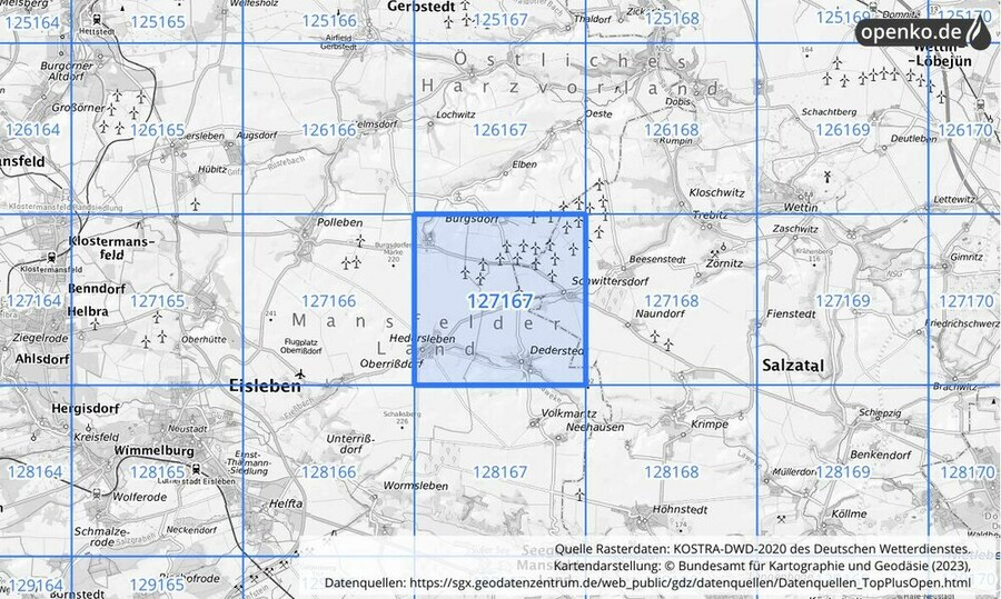 Übersichtskarte des KOSTRA-DWD-2020-Rasterfeldes Nr. 127167