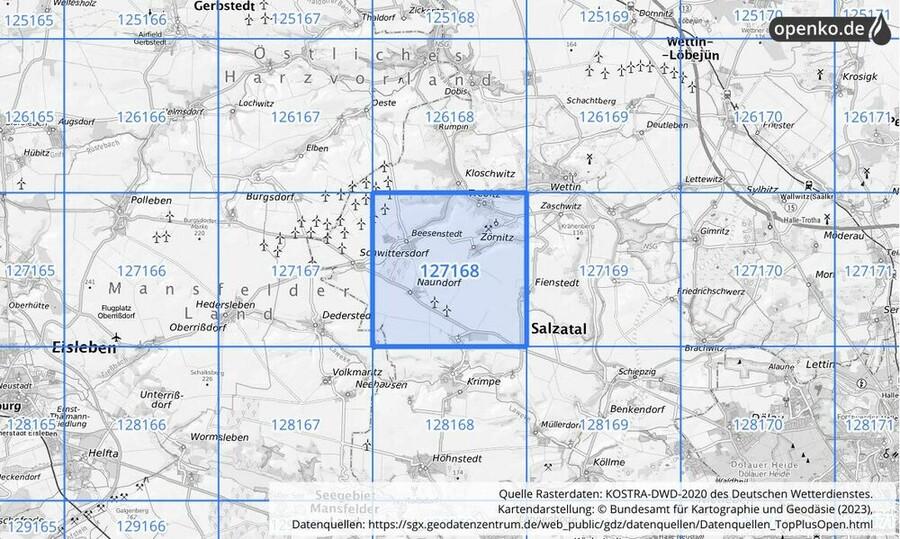 Übersichtskarte des KOSTRA-DWD-2020-Rasterfeldes Nr. 127168