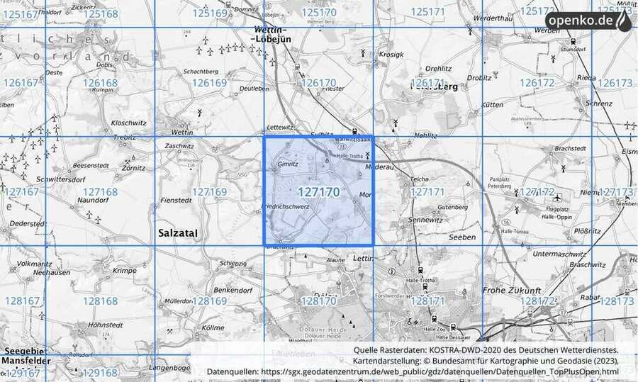 Übersichtskarte des KOSTRA-DWD-2020-Rasterfeldes Nr. 127170