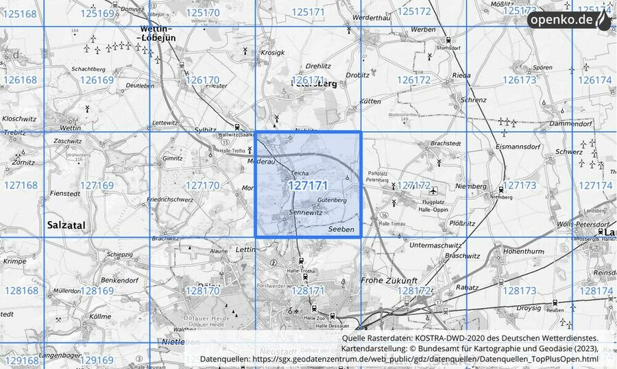 Übersichtskarte des KOSTRA-DWD-2020-Rasterfeldes Nr. 127171