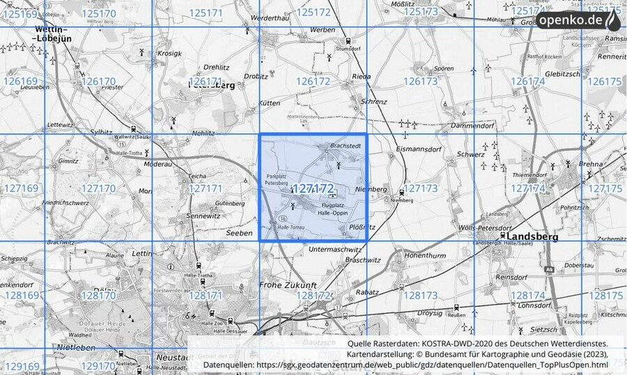 Übersichtskarte des KOSTRA-DWD-2020-Rasterfeldes Nr. 127172