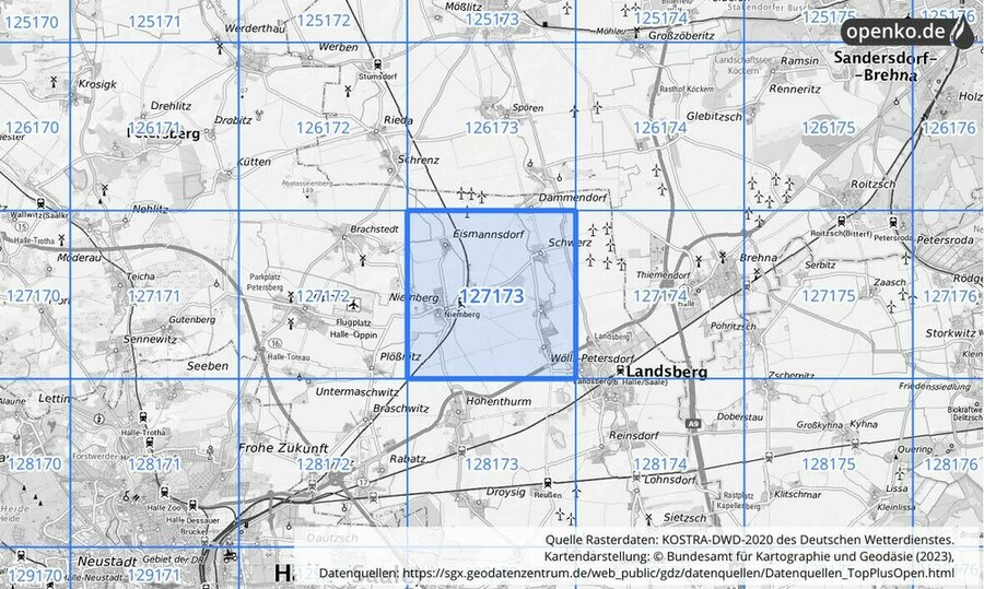 Übersichtskarte des KOSTRA-DWD-2020-Rasterfeldes Nr. 127173