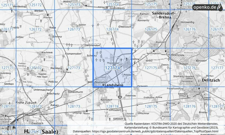 Übersichtskarte des KOSTRA-DWD-2020-Rasterfeldes Nr. 127174