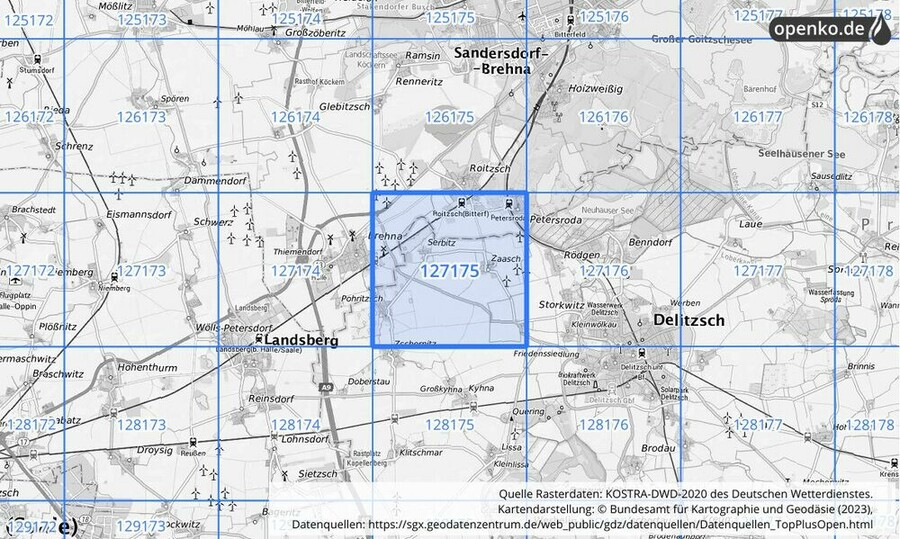 Übersichtskarte des KOSTRA-DWD-2020-Rasterfeldes Nr. 127175