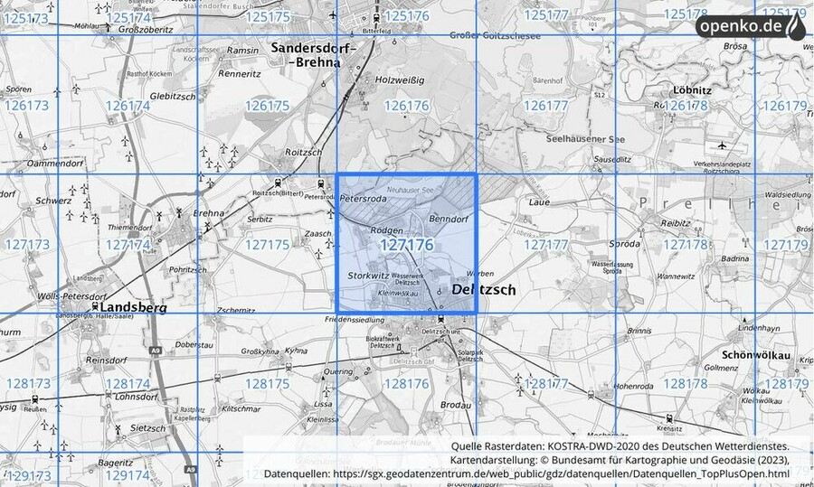 Übersichtskarte des KOSTRA-DWD-2020-Rasterfeldes Nr. 127176