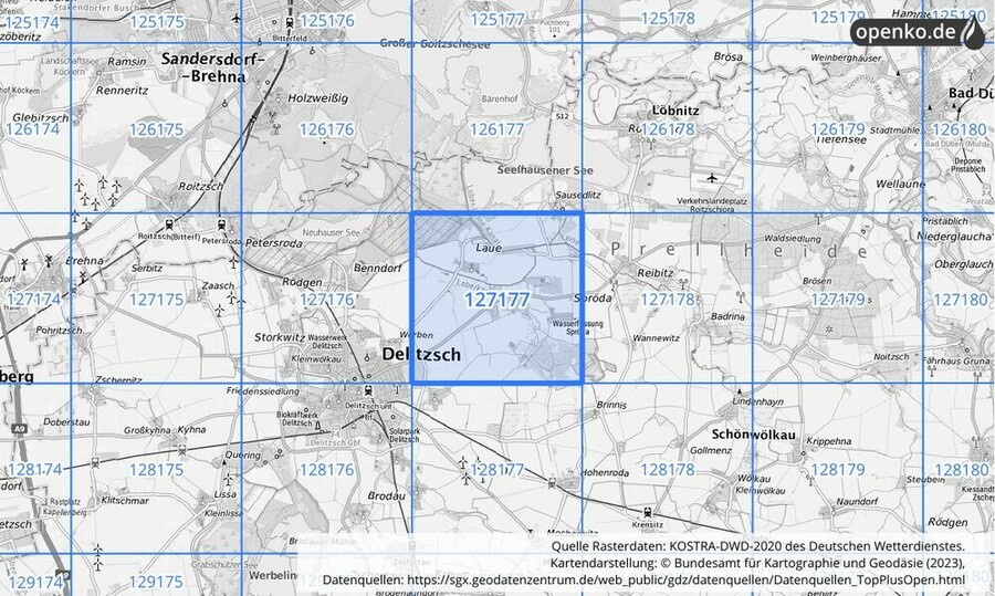 Übersichtskarte des KOSTRA-DWD-2020-Rasterfeldes Nr. 127177