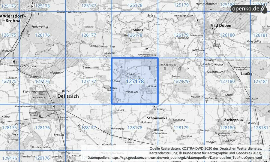 Übersichtskarte des KOSTRA-DWD-2020-Rasterfeldes Nr. 127178