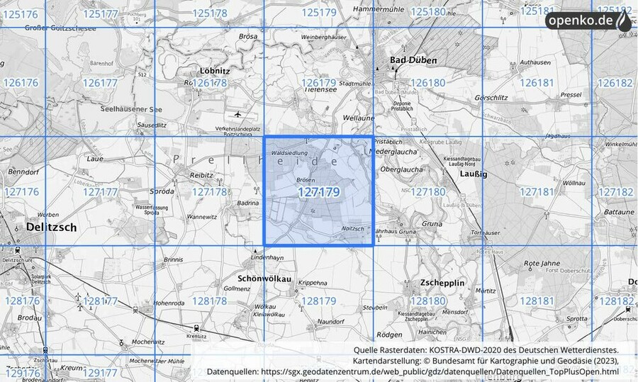 Übersichtskarte des KOSTRA-DWD-2020-Rasterfeldes Nr. 127179