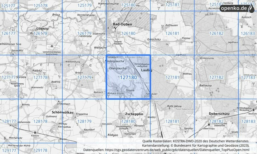 Übersichtskarte des KOSTRA-DWD-2020-Rasterfeldes Nr. 127180