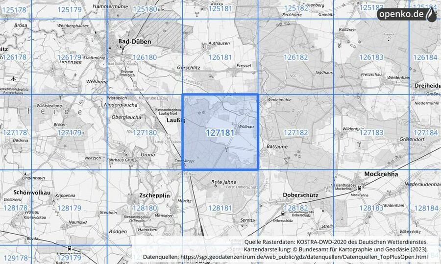 Übersichtskarte des KOSTRA-DWD-2020-Rasterfeldes Nr. 127181