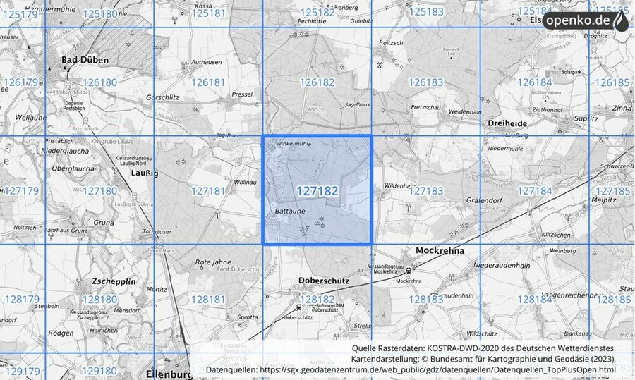 Übersichtskarte des KOSTRA-DWD-2020-Rasterfeldes Nr. 127182