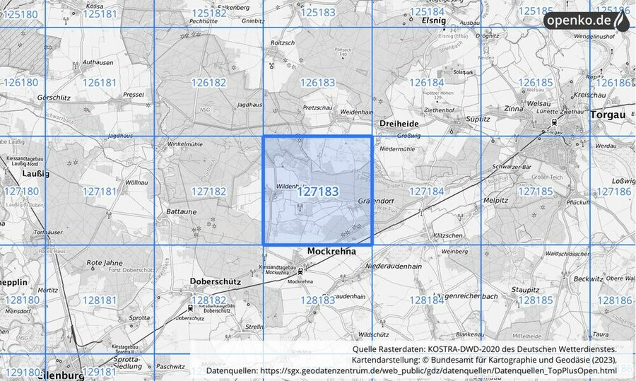 Übersichtskarte des KOSTRA-DWD-2020-Rasterfeldes Nr. 127183