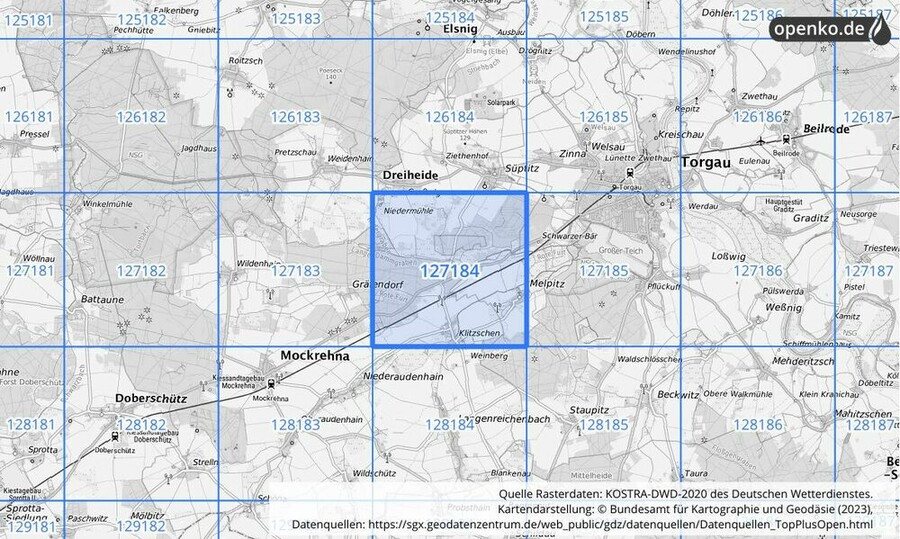 Übersichtskarte des KOSTRA-DWD-2020-Rasterfeldes Nr. 127184