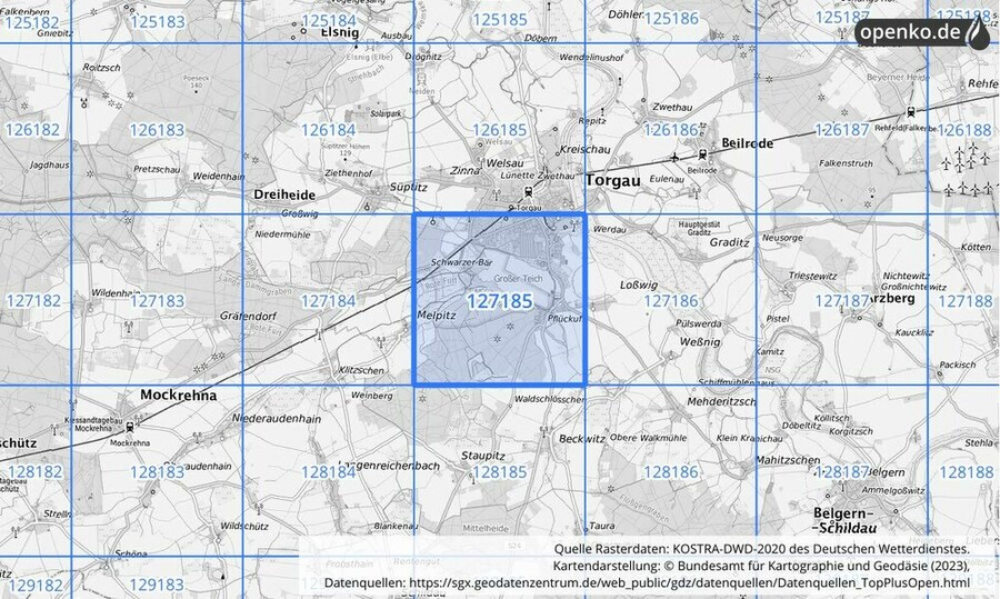 Übersichtskarte des KOSTRA-DWD-2020-Rasterfeldes Nr. 127185