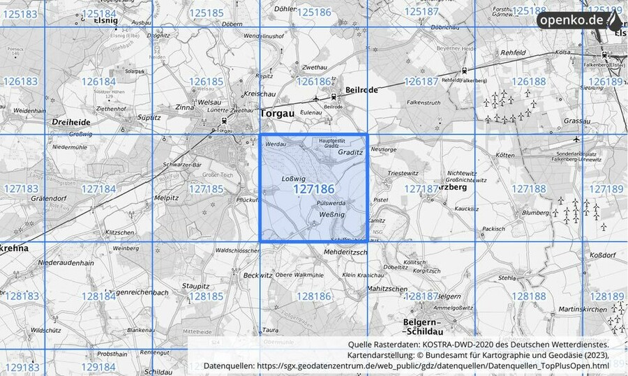 Übersichtskarte des KOSTRA-DWD-2020-Rasterfeldes Nr. 127186