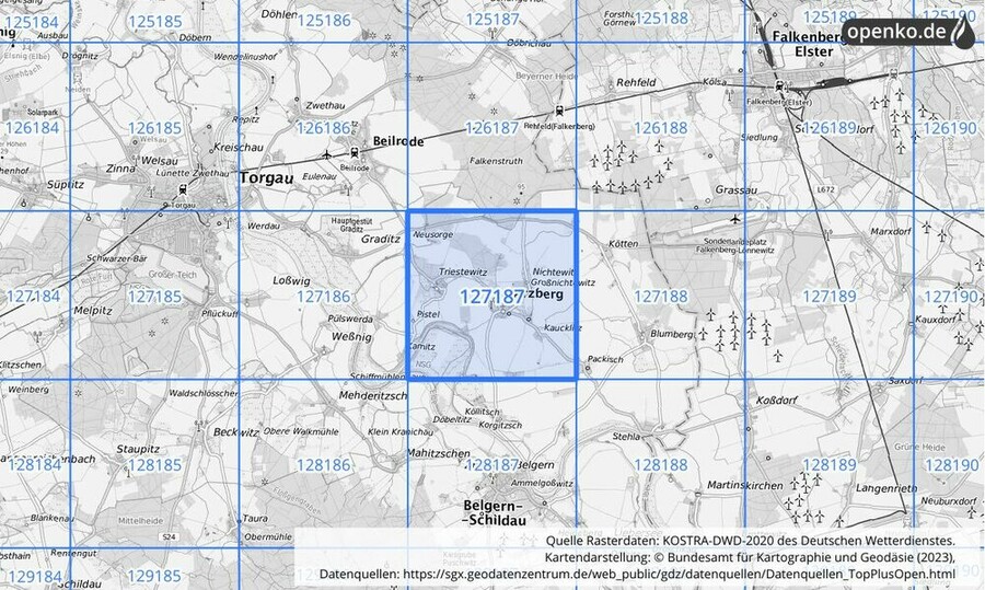 Übersichtskarte des KOSTRA-DWD-2020-Rasterfeldes Nr. 127187