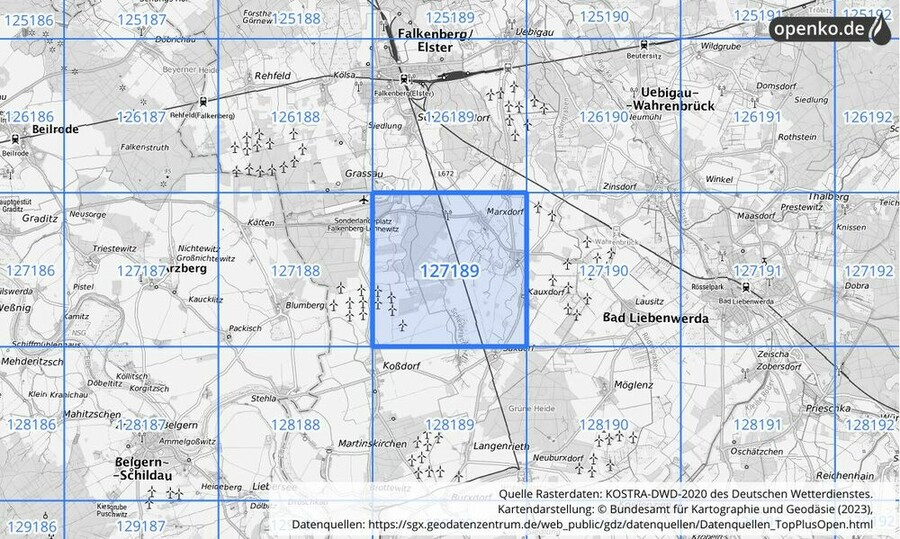 Übersichtskarte des KOSTRA-DWD-2020-Rasterfeldes Nr. 127189