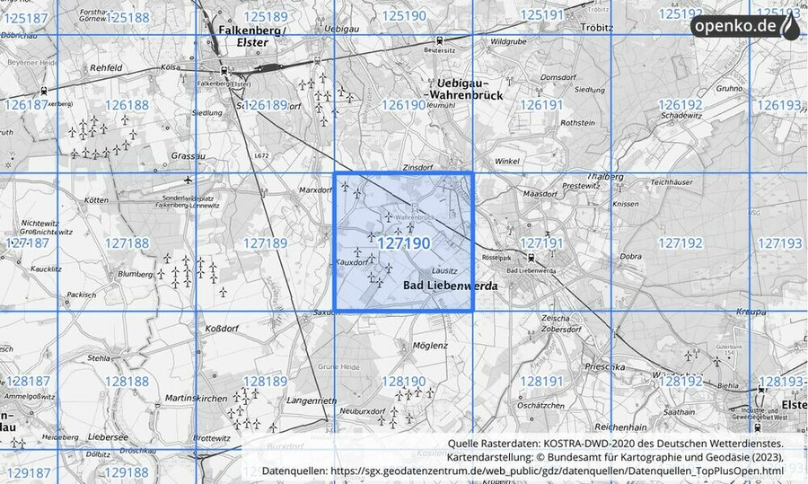 Übersichtskarte des KOSTRA-DWD-2020-Rasterfeldes Nr. 127190