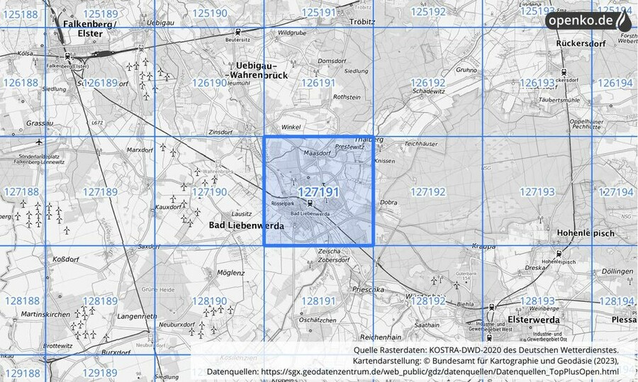 Übersichtskarte des KOSTRA-DWD-2020-Rasterfeldes Nr. 127191