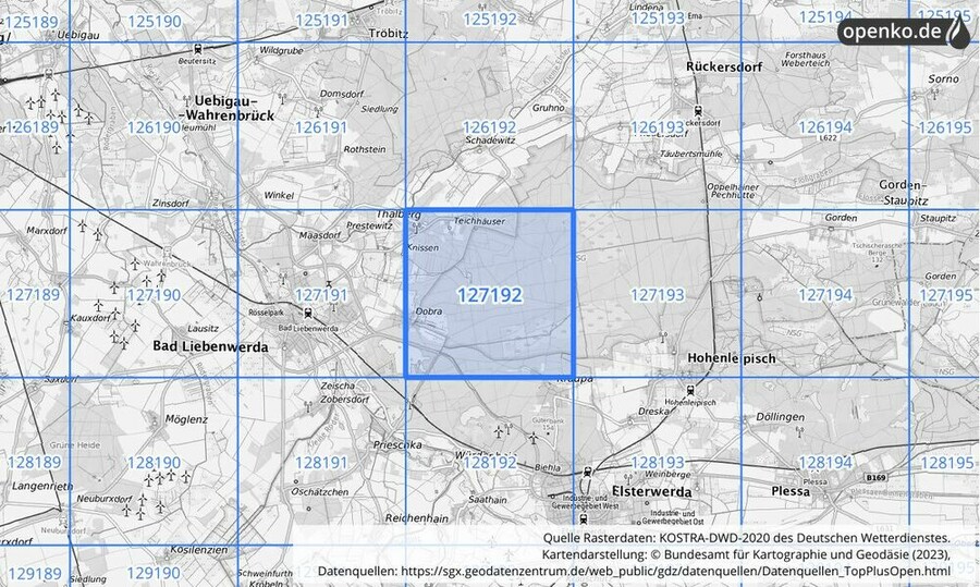 Übersichtskarte des KOSTRA-DWD-2020-Rasterfeldes Nr. 127192