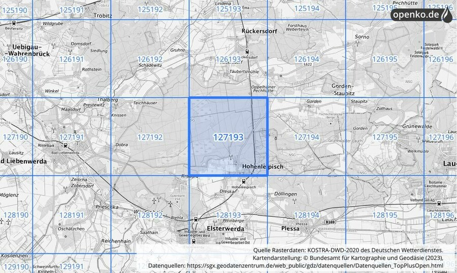 Übersichtskarte des KOSTRA-DWD-2020-Rasterfeldes Nr. 127193