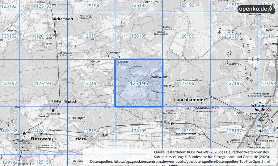 Übersichtskarte des KOSTRA-DWD-2020-Rasterfeldes Nr. 127195