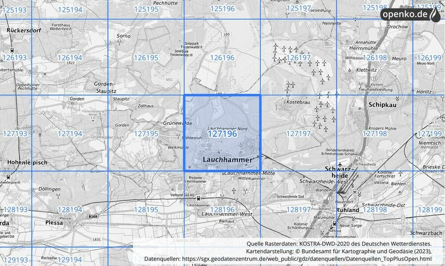 Übersichtskarte des KOSTRA-DWD-2020-Rasterfeldes Nr. 127196