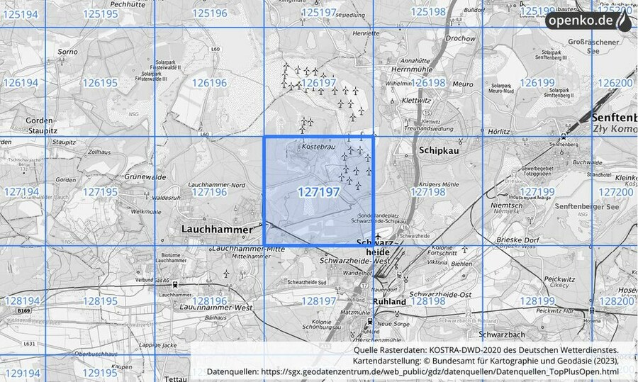 Übersichtskarte des KOSTRA-DWD-2020-Rasterfeldes Nr. 127197