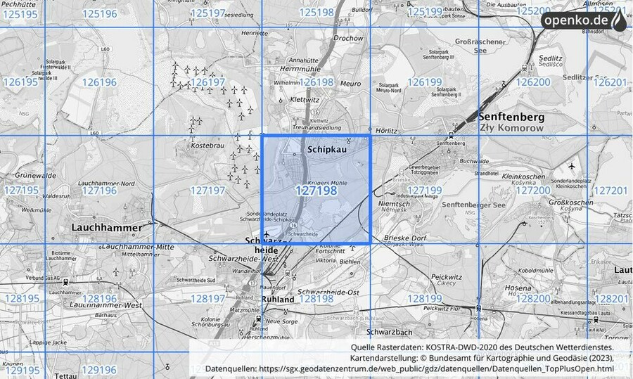 Übersichtskarte des KOSTRA-DWD-2020-Rasterfeldes Nr. 127198