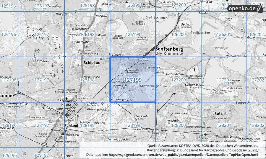 Übersichtskarte des KOSTRA-DWD-2020-Rasterfeldes Nr. 127199