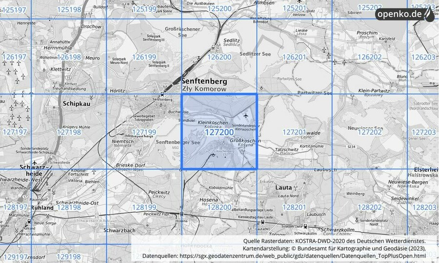 Übersichtskarte des KOSTRA-DWD-2020-Rasterfeldes Nr. 127200