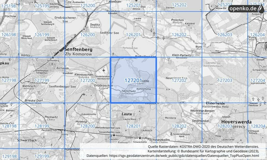 Übersichtskarte des KOSTRA-DWD-2020-Rasterfeldes Nr. 127201